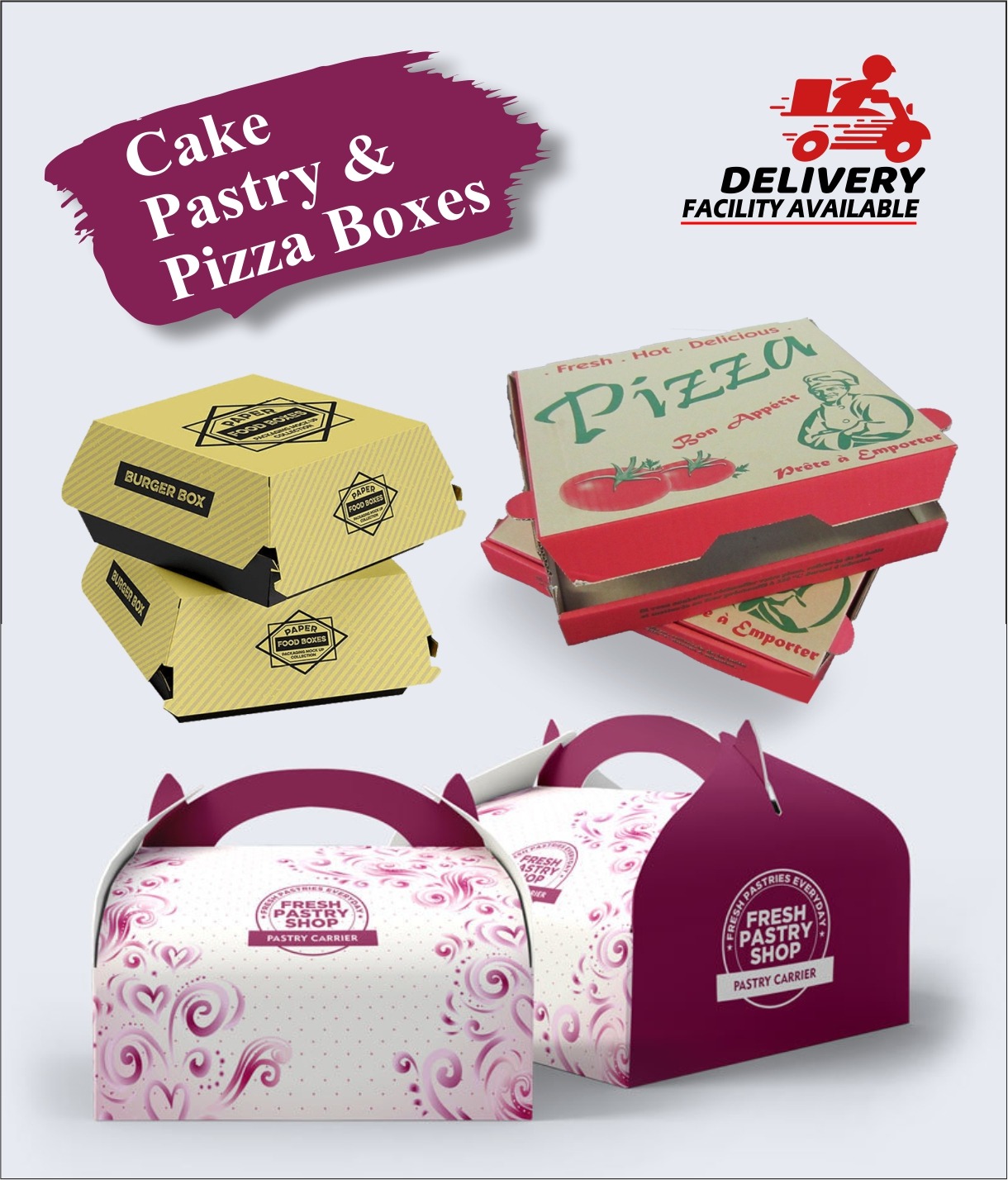 Pizza, burger, cake box